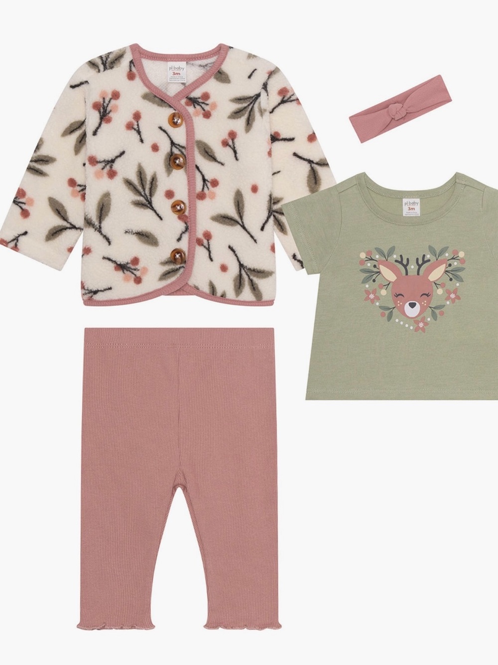 Toddler Floral Fleece Jacket & Deer Tee Set - Dusty Rose & Sage by _